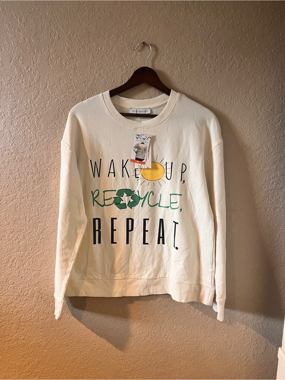 Ecothreads Cream Graphic Crewneck Sweatshirt M- Wake Up Recycle Repeat NWT